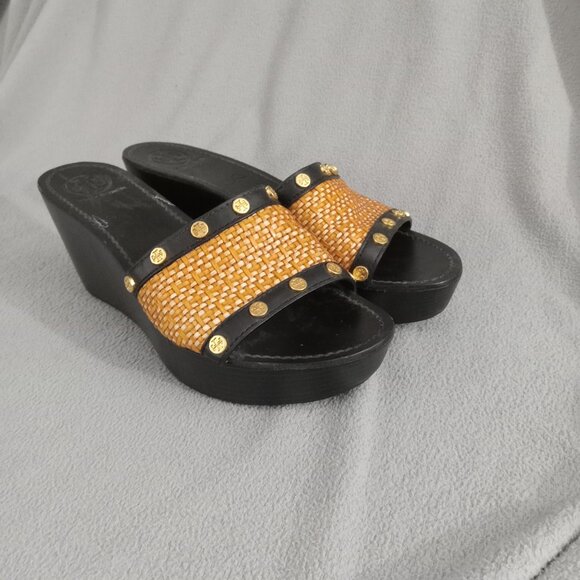 TORY BURCH Straw/Leather JOANIE Studded PLATFORM WEDGE SANDALS US 8.5 Logo s7155 - Picture 2 of 16